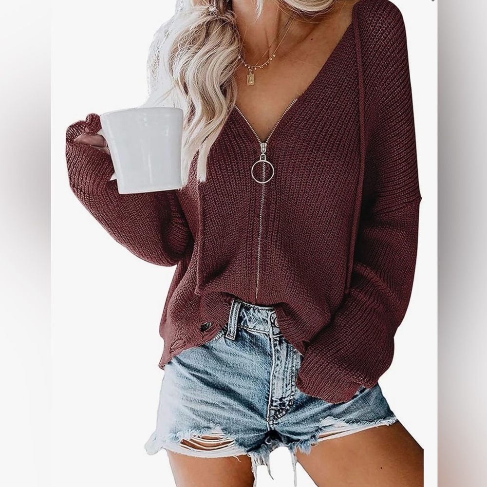 Zip Up Knit Sweater with Hood Size S